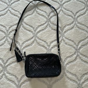Tory Burch Quilted Black Leather Camera Bag with Tassle